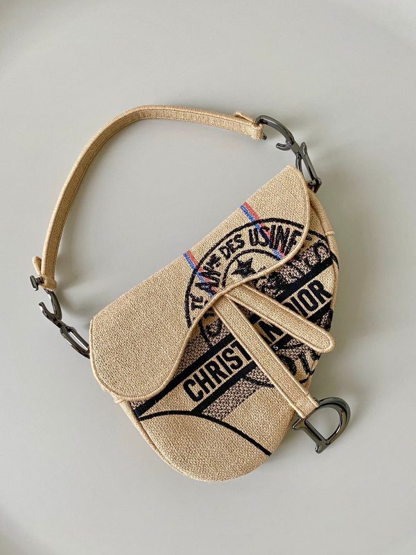 Dior Saddle Bag Beige Jute Canvas Embroidered