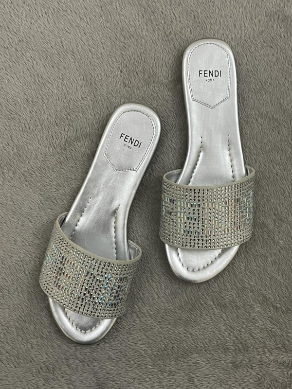 Fendi Grey Crystal Embellished Slide Sandals - Image 2