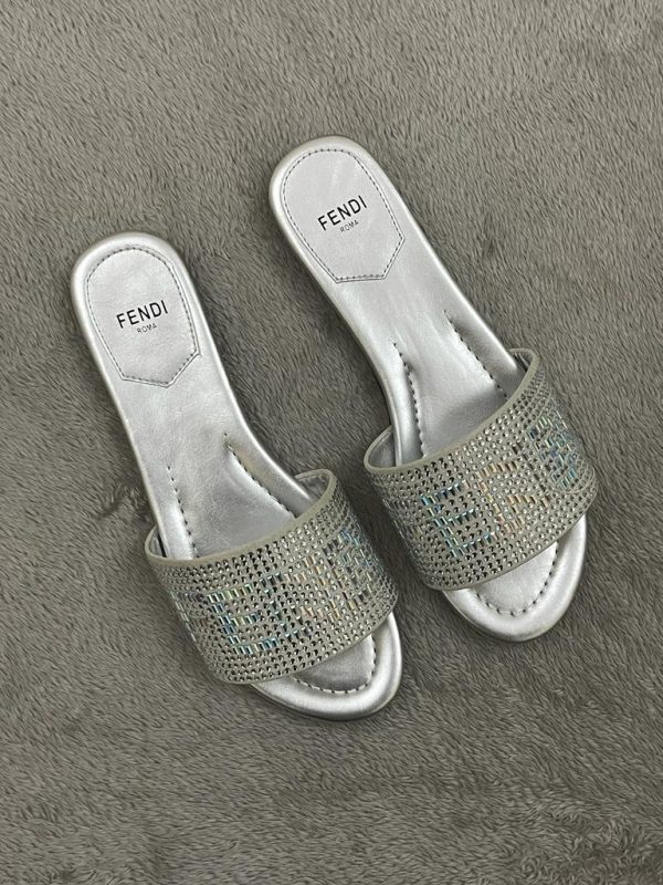Fendi Grey Crystal Embellished Slide Sandals