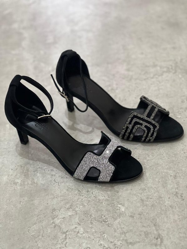 Hermes Silver Black Open Toe H Strap Pumps