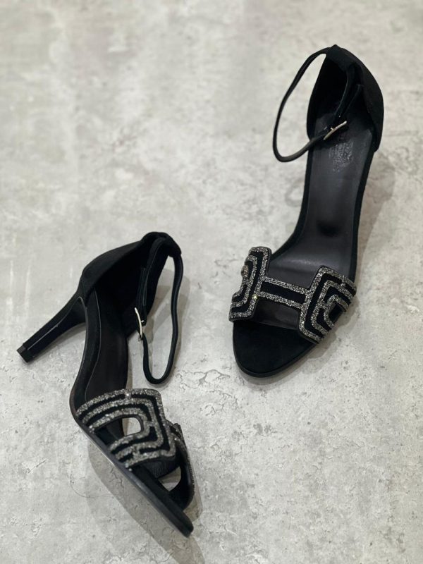 Hermes Silver Black Open Toe H Strap Pumps - Image 3