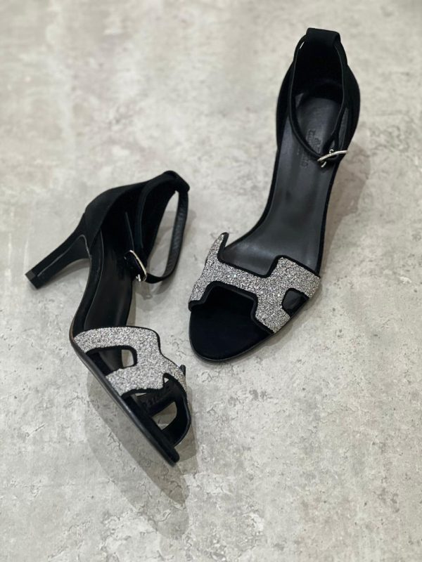 Hermes Silver Black Open Toe H Strap Pumps - Image 2