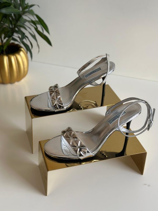 Prada Studded Metallic Heeled Sandals Gold - Image 4