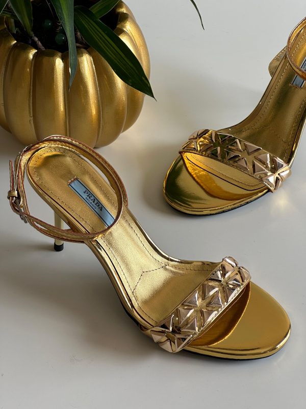 Prada Studded Metallic Heeled Sandals Gold