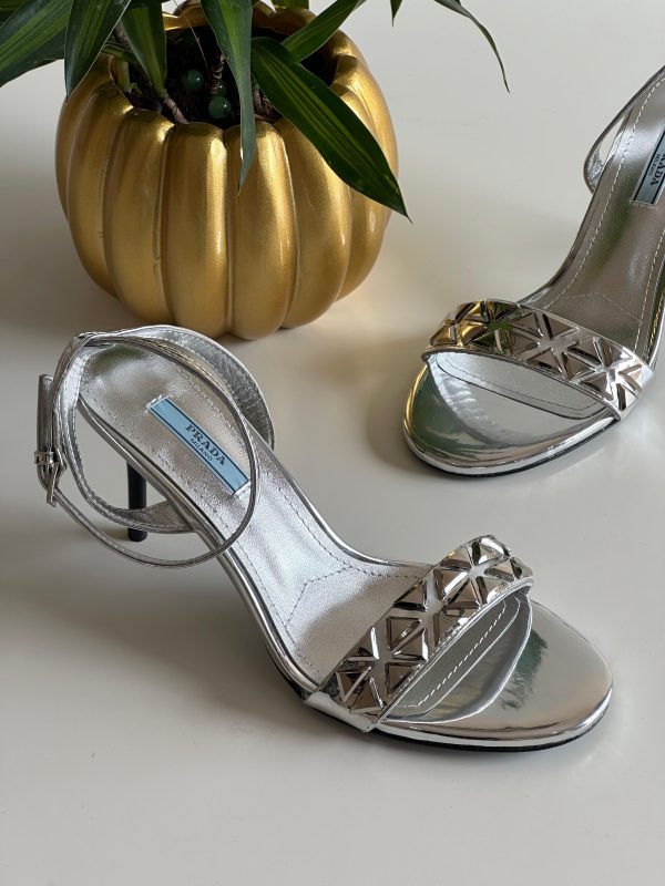 Prada Studded Metallic Heeled Sandals Gold - Image 6