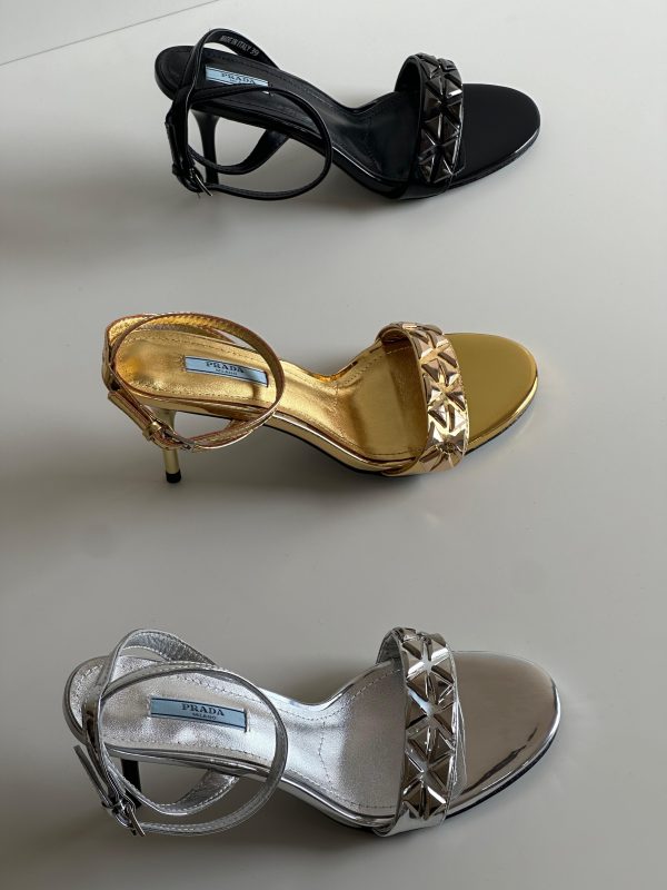 Prada Studded Metallic Heeled Sandals Gold - Image 7