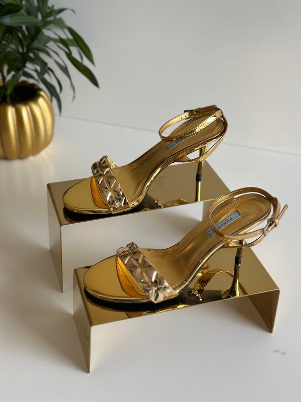 Prada Studded Metallic Heeled Sandals Gold - Image 3