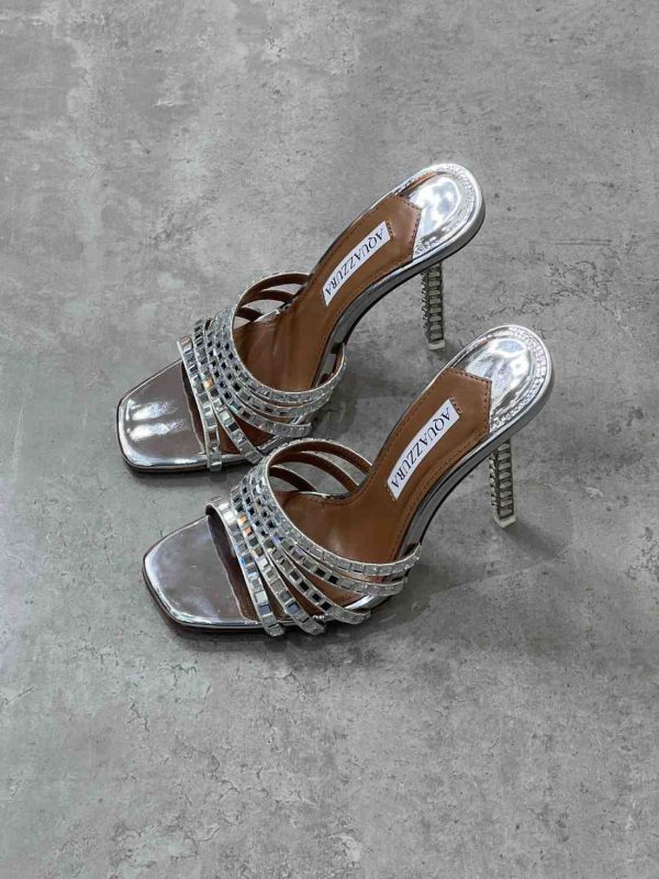 Aquazzura Rock Chic Silver Crystal Leather Mules - Image 2