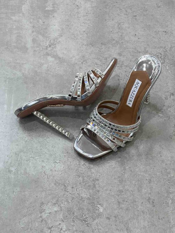 Aquazzura Rock Chic Silver Crystal Leather Mules - Image 3