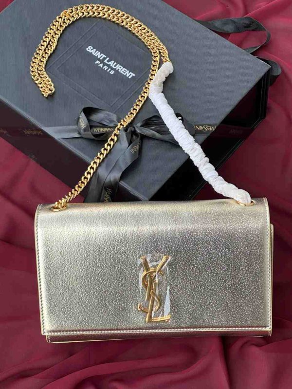 Ysl Metallic Silver Leather Monogram Wallet on Chain