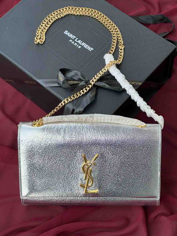Ysl Metallic Silver Leather Monogram Wallet on Chain - Image 2