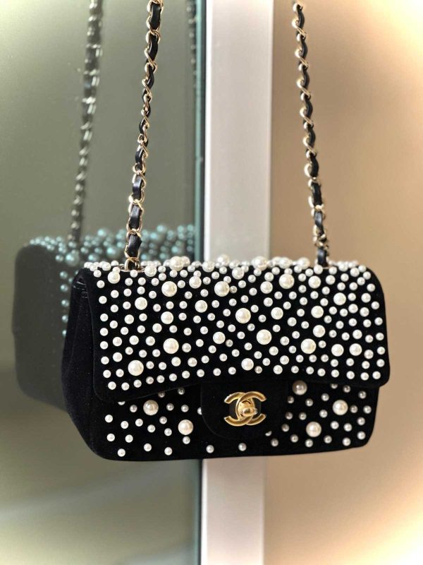 Chanel Pearl Mini Flap Bag Satin White Black - Image 3