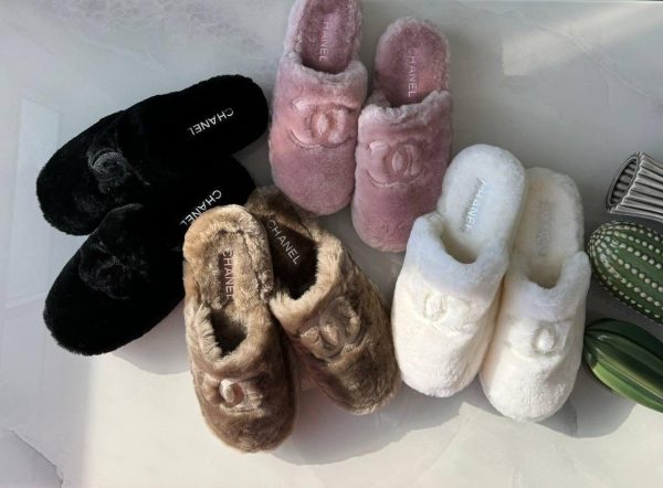 Chanel Shearling Logo Plain Women Slippers