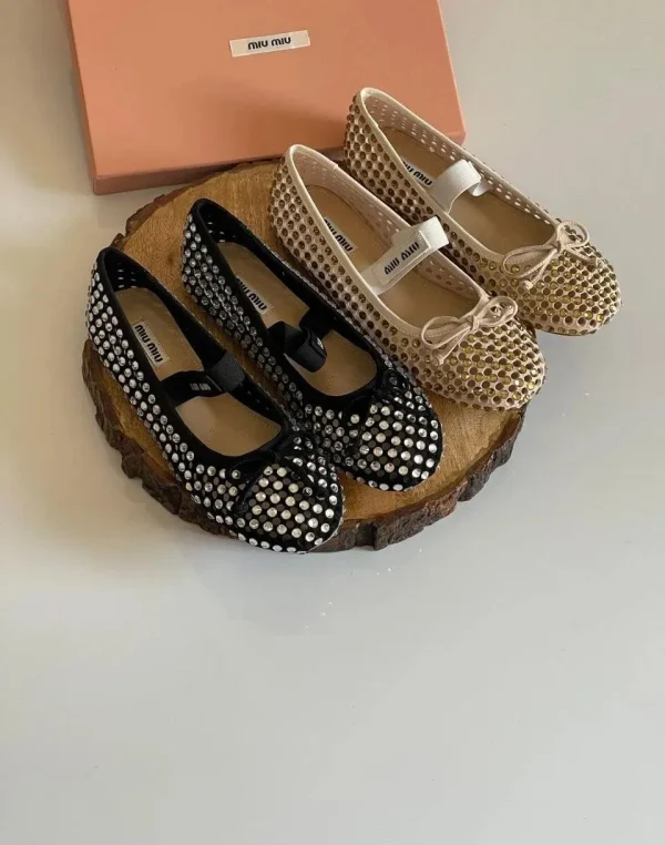 MIU MIU Crystal Embellished Fishnet Mary Jane Ballet Flat