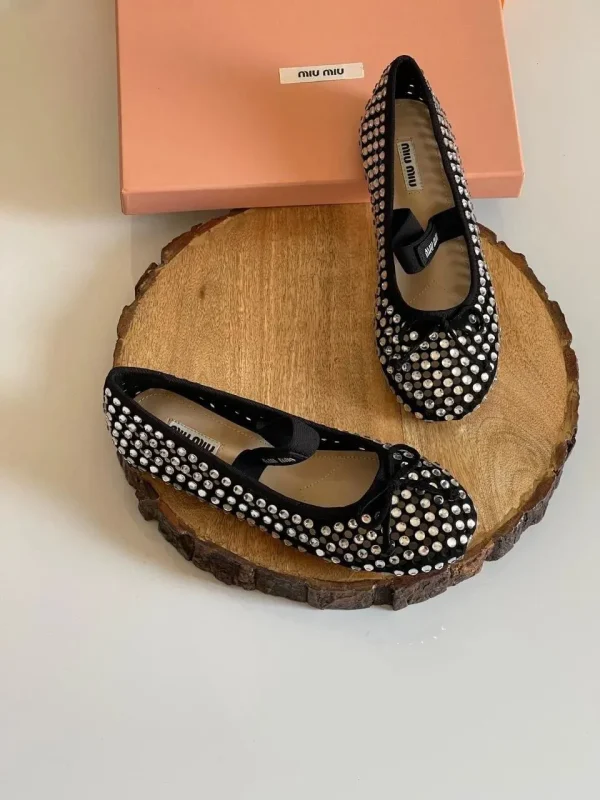 MIU MIU Crystal Embellished Fishnet Mary Jane Ballet Flat - Image 2