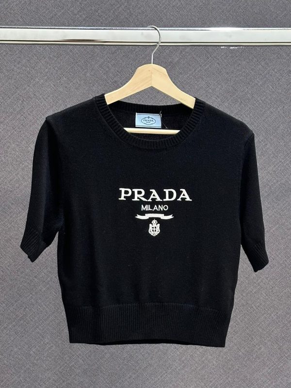 Prada Cropped Wool Logo Intarsia Crew Neck Sweater - Image 4
