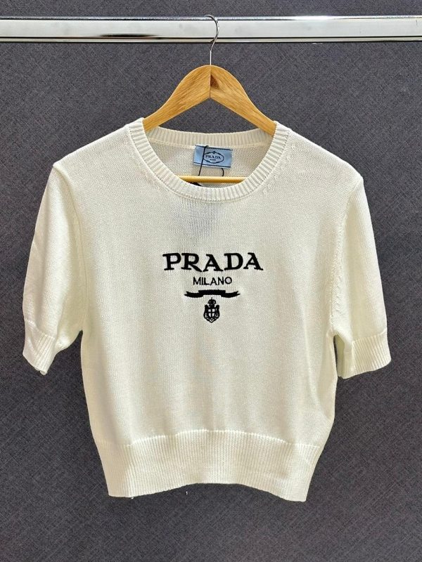 Prada Cropped Wool Logo Intarsia Crew Neck Sweater - Image 2