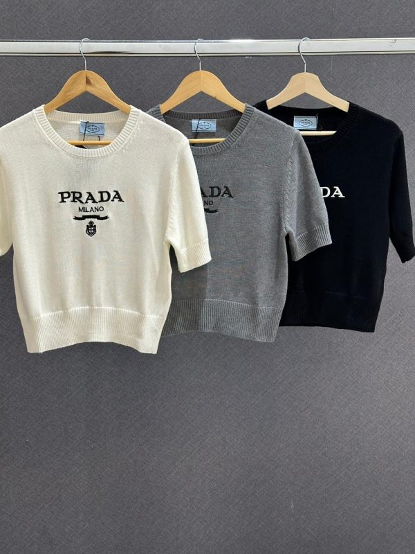 Prada Cropped Wool Logo Intarsia Crew Neck Sweater