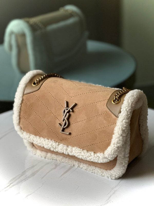 YSL Niki Shearling Trim Suede Shoulder Bag