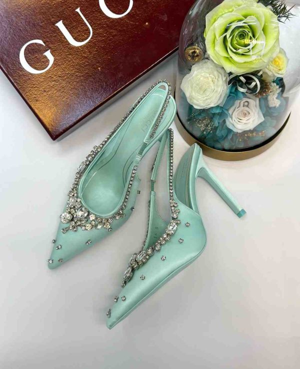 Gucci Crystal embellished Satin Slingback Pumps light blue