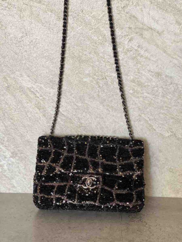 chanel sequin flap bag black colour