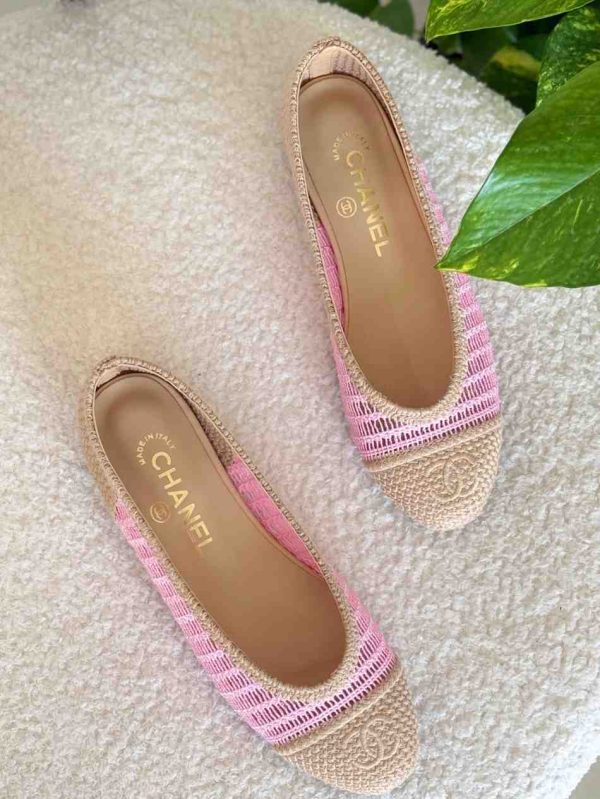 chanel raffia ballet flats pink