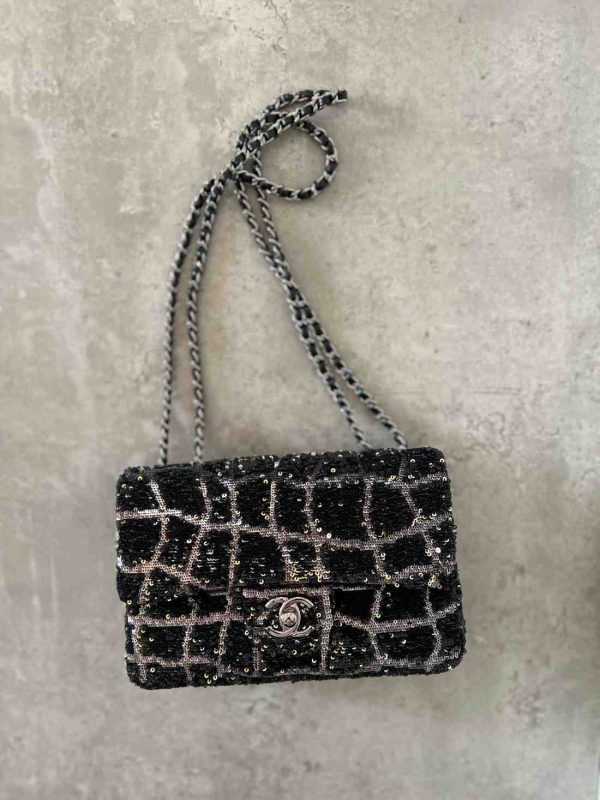 chanel sequin flap bag black colour