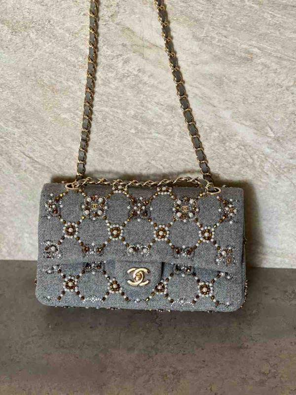 chanel wool patent pearl bag​ denim