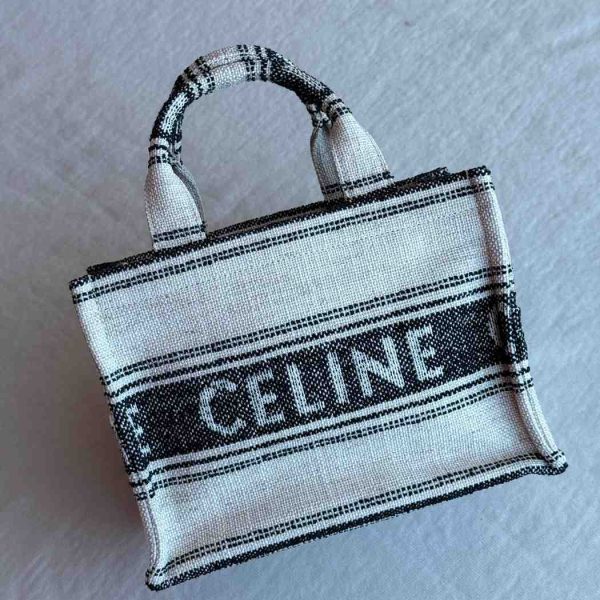 Celine White Small Cabas Thais In Striped Textile