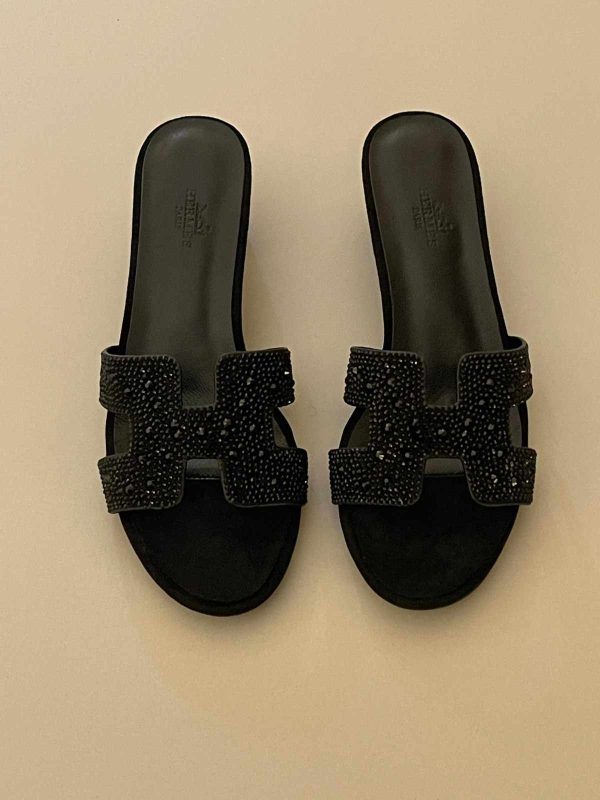 Hermes Oasis Rhinestones sandals black
