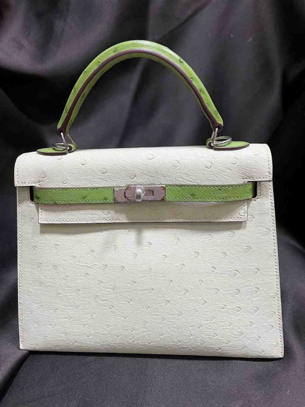hermes ostrich sellier 25 white and green