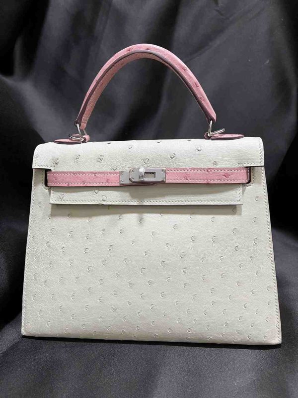 hermes ostrich sellier 25 white and pink