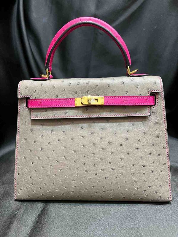 hermes ostrich sellier 25 grey and pink