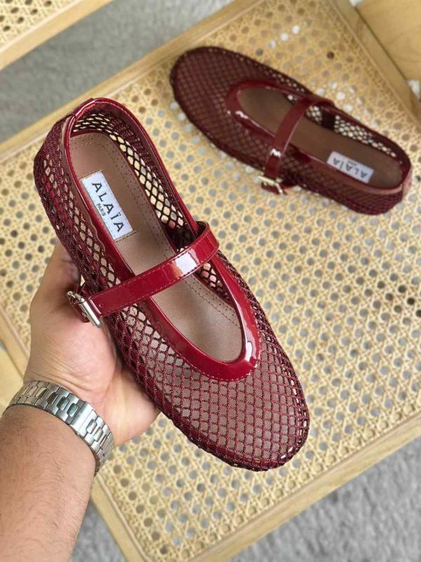 alaia fishnet ballet flats red