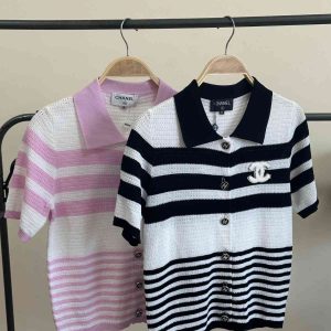 Chanel Striped Cotton Blend Polo T-Shirt
