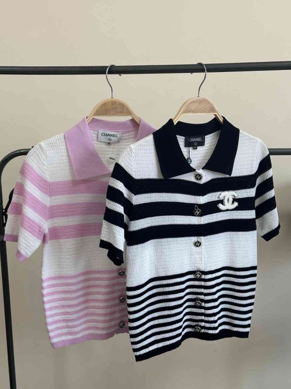 Chanel Striped Cotton Blend Polo T-Shirt