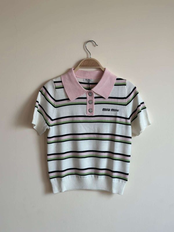 Miu Miu Striped Pattern Kintwear Polo T-shirt white