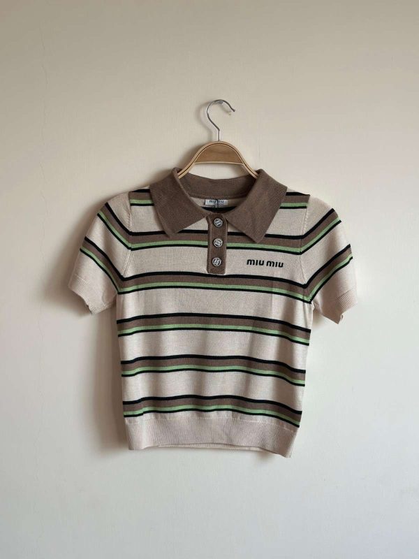 Miu Miu Striped Pattern Kintwear Polo T-shirt chocolate colour
