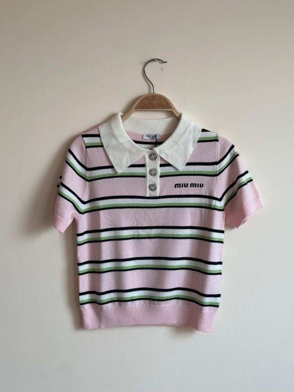 Miu Miu Striped Pattern Kintwear Polo T-shirt pink