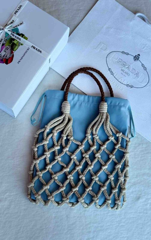 Prada macrame net crochet tote bag blue