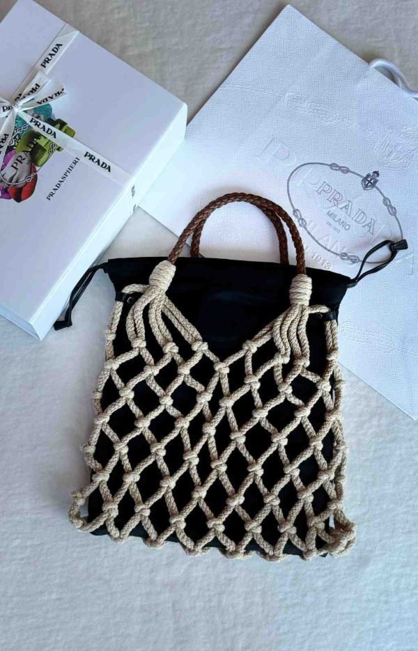 Prada macrame net crochet tote bag black