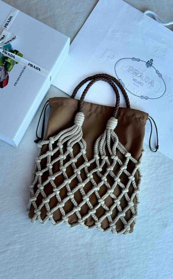 Prada macrame net crochet tote bag brown