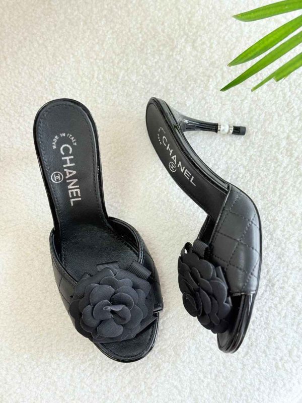 chanel camellia heel sandals black