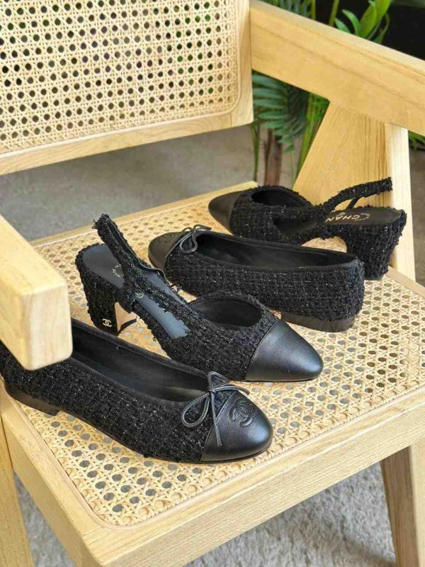 Chanel tweed slingback shoes black