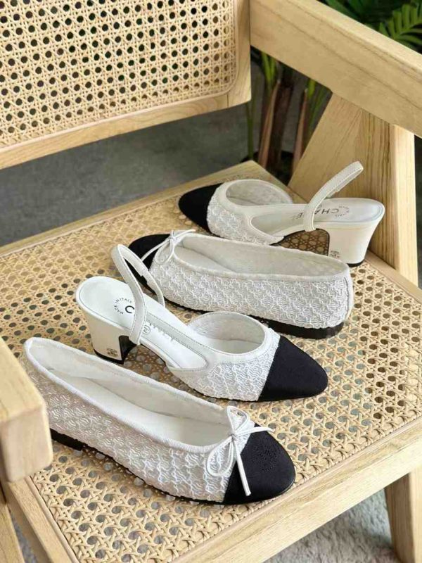 Chanel tweed slingback shoes white