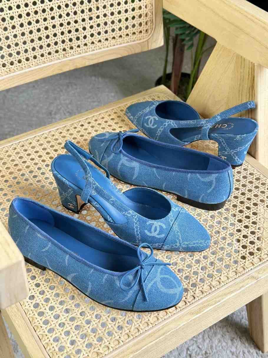 chanel blue denim slingback shoes