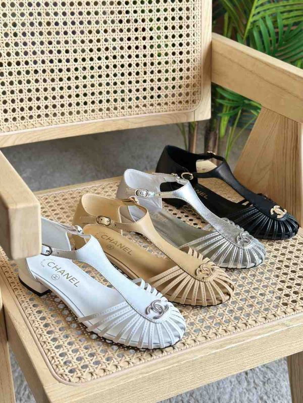 chanel leather strap cage toe flat sandals