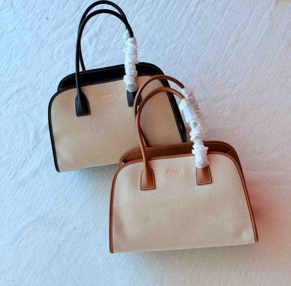 prada medium linen blend leather tote bag