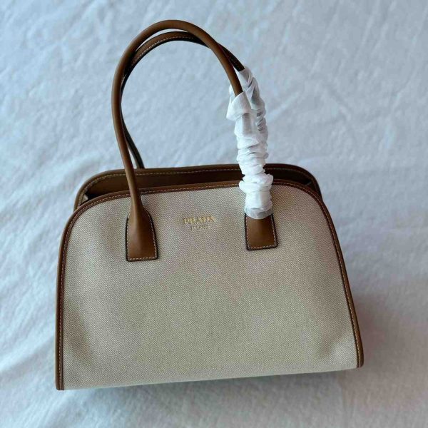 prada medium linen blend leather tote bag brown