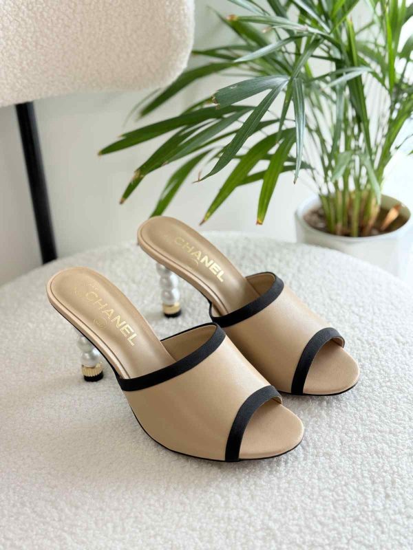 Chanel open toe pearl mules beige